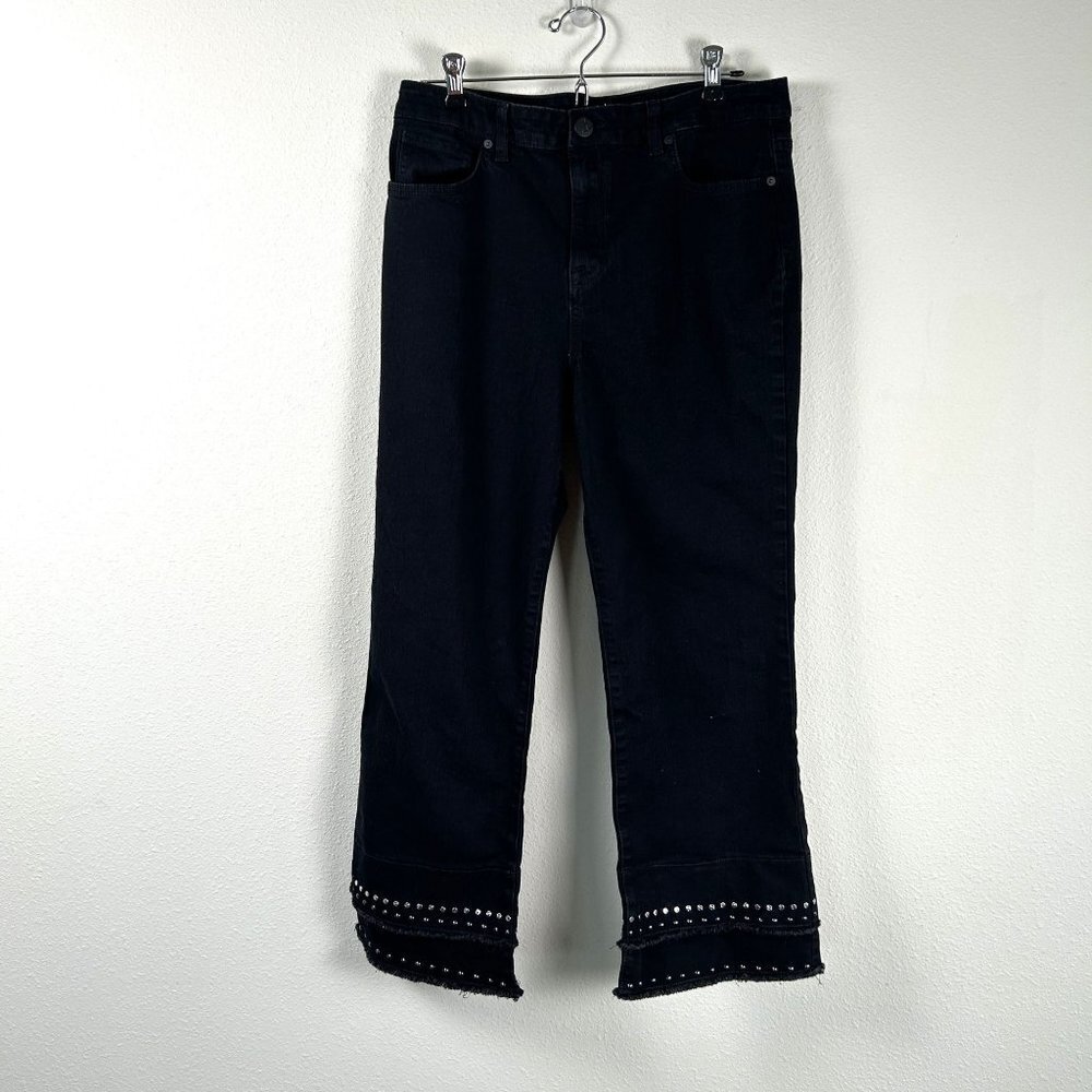 Style & Co Jeans Womens Size 14 Black Denim Crop Flare‎ Embellished Frayed